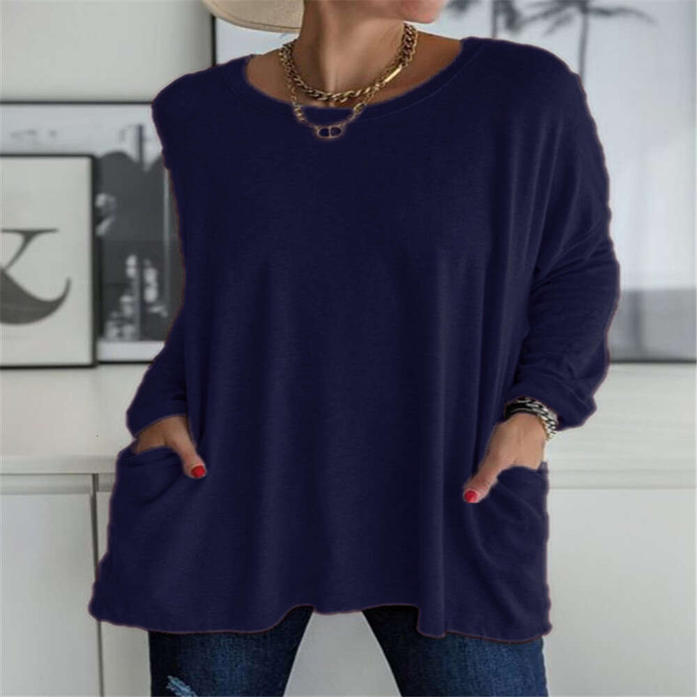 Spring Summer New European And American Round Neck Long Sleeved Loose Pocket Solid Color T-Shirt Casual Women's Fashion Trend Clothing Fashionabl