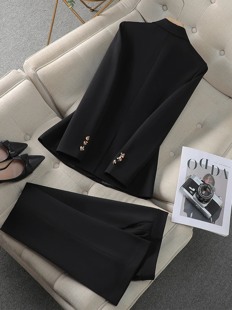 Autumn Winter Pink Black Beige Women Pant Suit 2 Piece Set Ladies Female Business Work Wear Formal Blazer Jacket And Trouser 241126