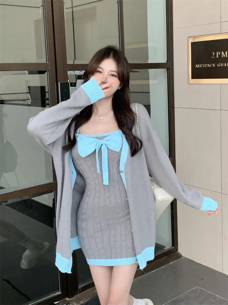 Color Blocking Vneck Sweater Cardigan Jacket Women Autumn Winter Set Butterfly Knot Knitted Suspender Dress 2 Piece 241129