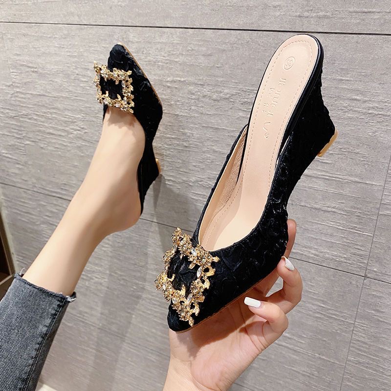 Toe Pointed Coloful beading bow slippers women high heels outdoor slides feast shoes pleated silk New blue mules female sandalias