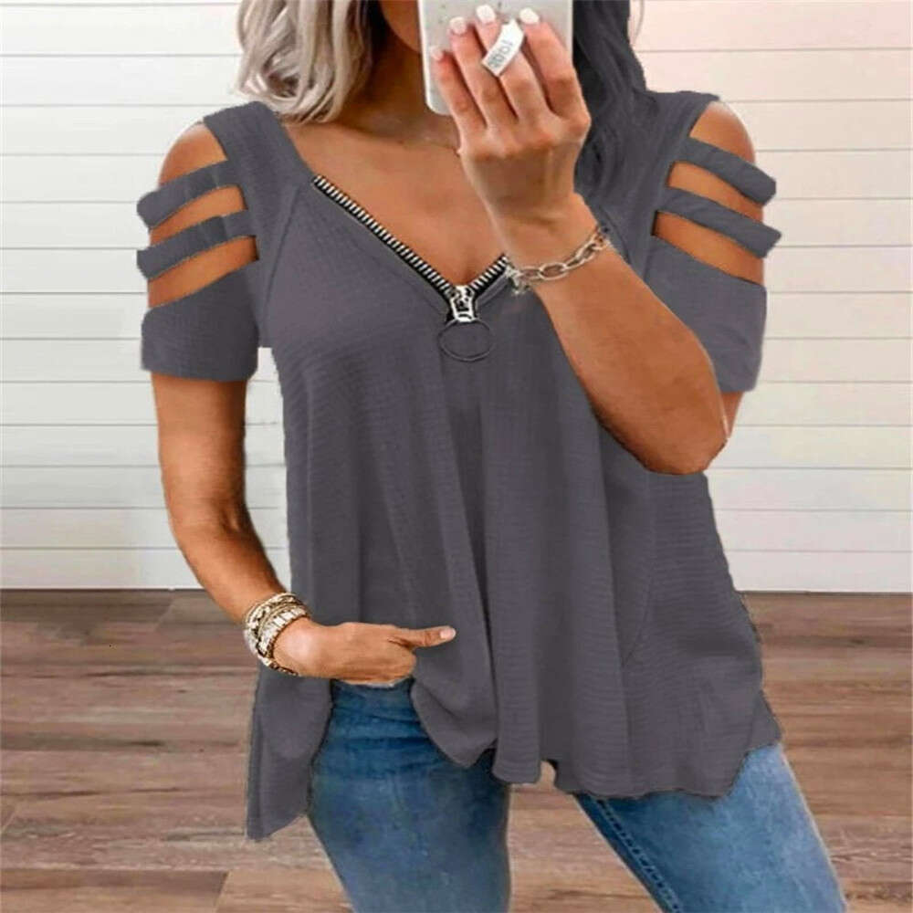 Xia Oumei's New Off Shoulder Short Sleeved V-Neck Zipper Solid Color T-Shirt Top, Women's Trendy Clothing, Fashionable And Casual Temperamen