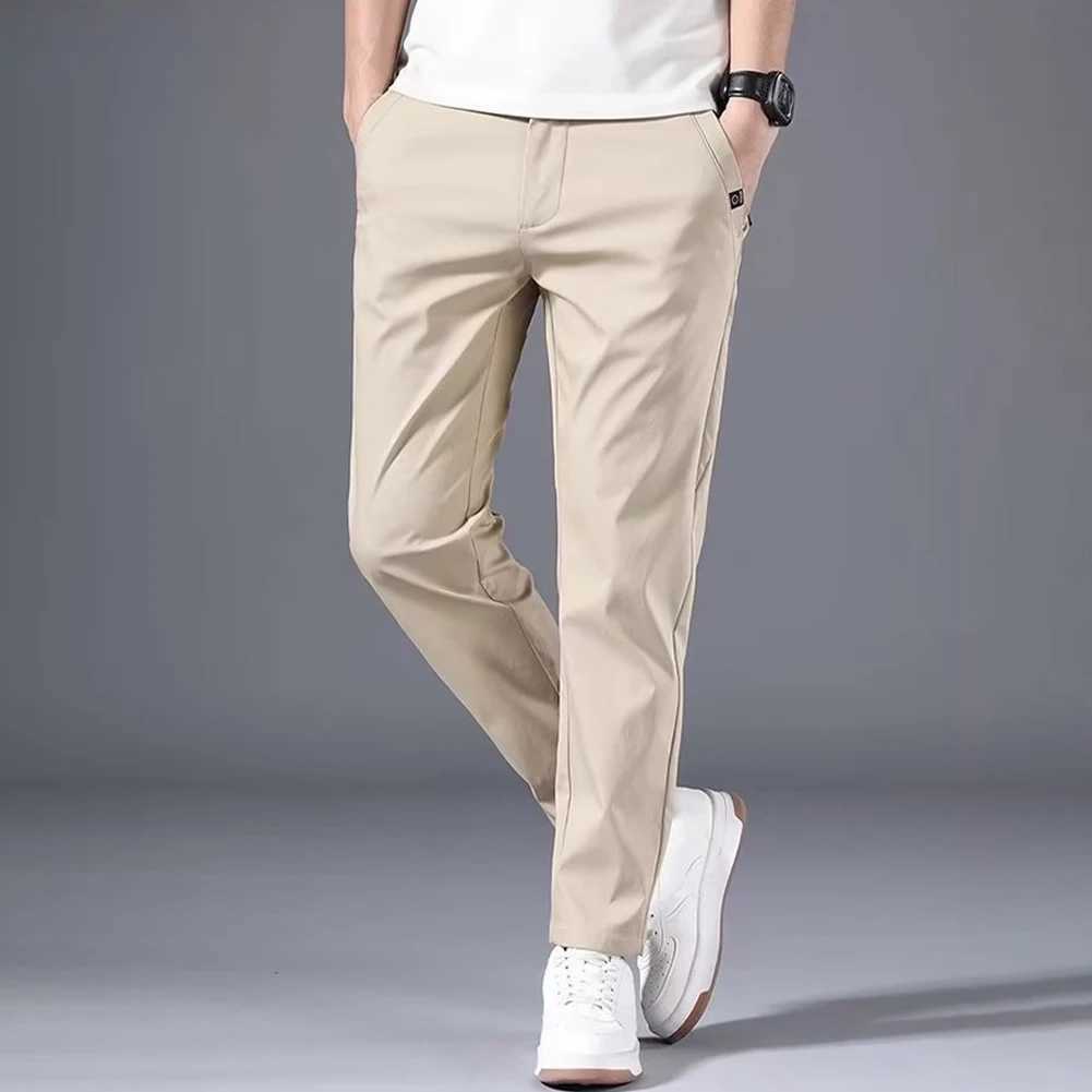 Men's Pants Mens slim fit pants solid color elastic Chino Trousers casual flat front flexible classic full mens clothing Q240429