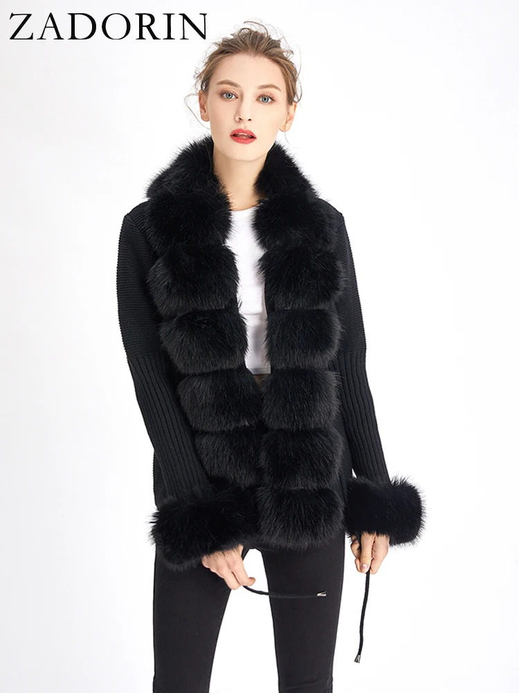 Zadorin Fur Cardigan Knitted Winter Sweater Womens Elegant Detachable Leather Belt White Pink Black Womens Cardigan 241127