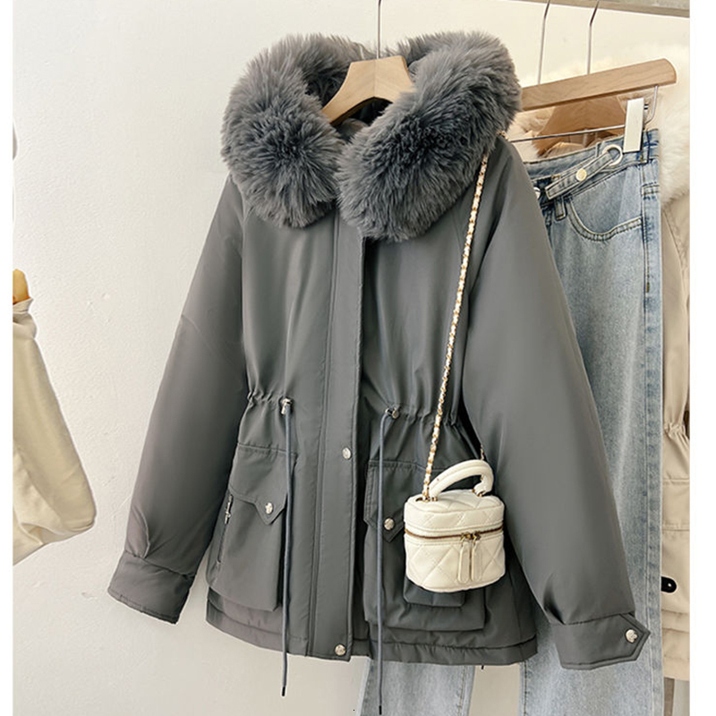 Winter Cotton Padded Hood Jacket For Thick Veet Hooded Mid Length Snow Parka Warm Big Fur Collar Outerwear Women