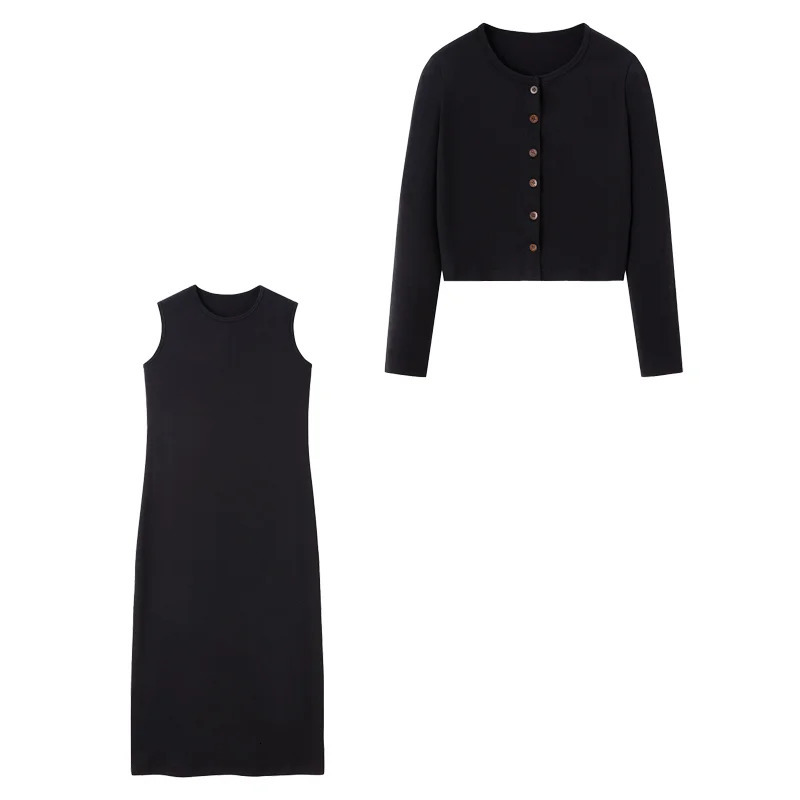 Autumn Women Long Sleeve Cardigan Suit Dress 2024 Solid Color Singlebreasted Top Sleeveless Set Female Casual Outwear 241129