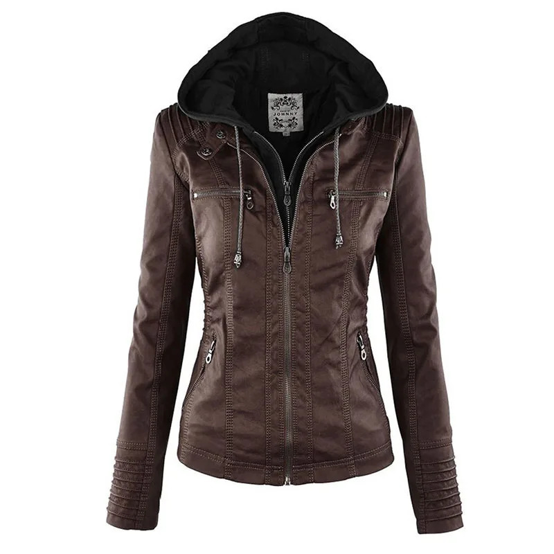 Faux Leather Jacket Women Khaki Winter Motorcycle Gothic Hoodies Outerwear PU Basic Coat 241129