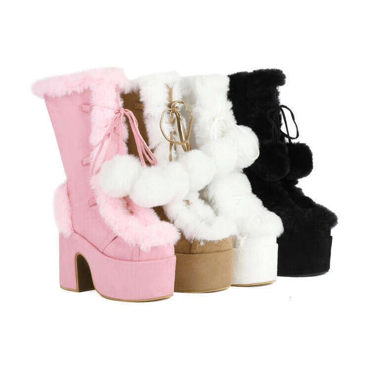 Lolita Snow Winter Fashion Mid Low Hairy Thick Bottom High Heels 40-46 Large Hairball Suede Women's Boots Kq2