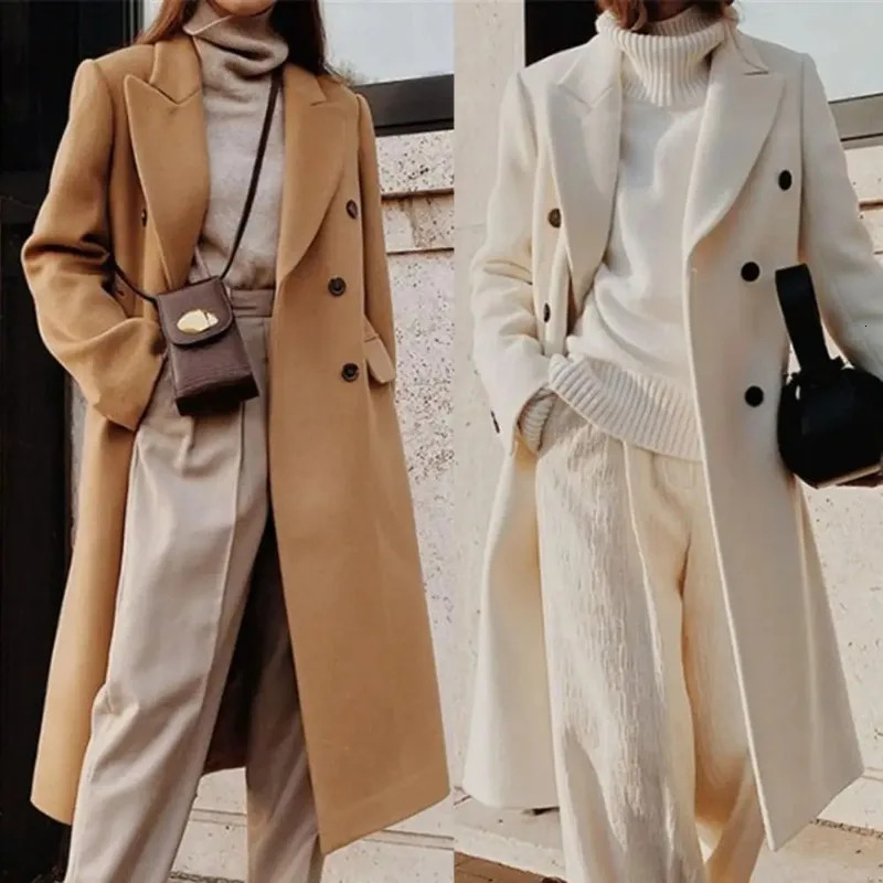 Wool Blend Coat Women Elegant Casual Long Suit Jacket Solid Pockets Overcoat Loose Fit Female Clothing Autumn Winter Streetwear 241129