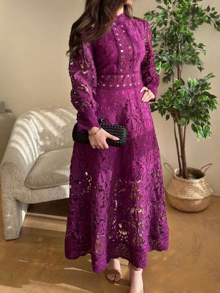 Hollow Out Solid Temperament Dress For Women Stand Collar Long Sleeve High Waist Elegant Dresses Female Fashion New