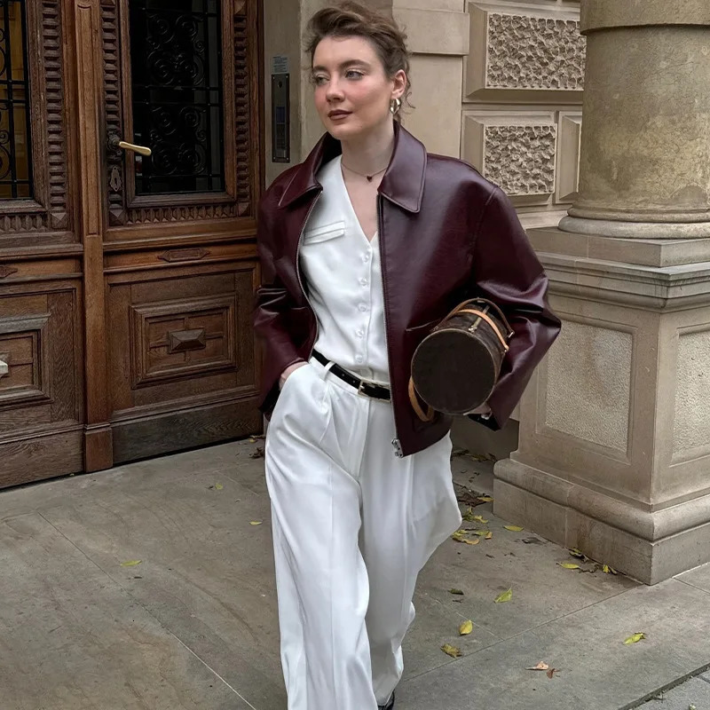 Womens Faux PU Leather Jackets Coat Autumn Winter 2024 Zip Up Streetwear Chic Vintage Burgundy Retro Motocycle Polo Outerwears 241129