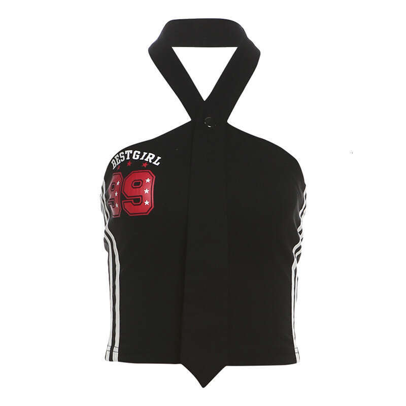 Wind 2024 summer new women's tie design hanging neck letter print backless slim fit vest