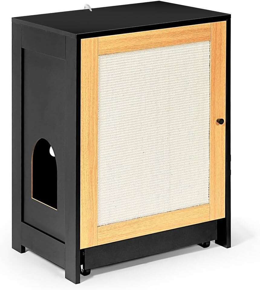 Furniture Corner Encloure Kitty End Table With Scratching Board Door And Pull-Out Box Board, Litter Cabinet Hidden Cat Wahroom Black