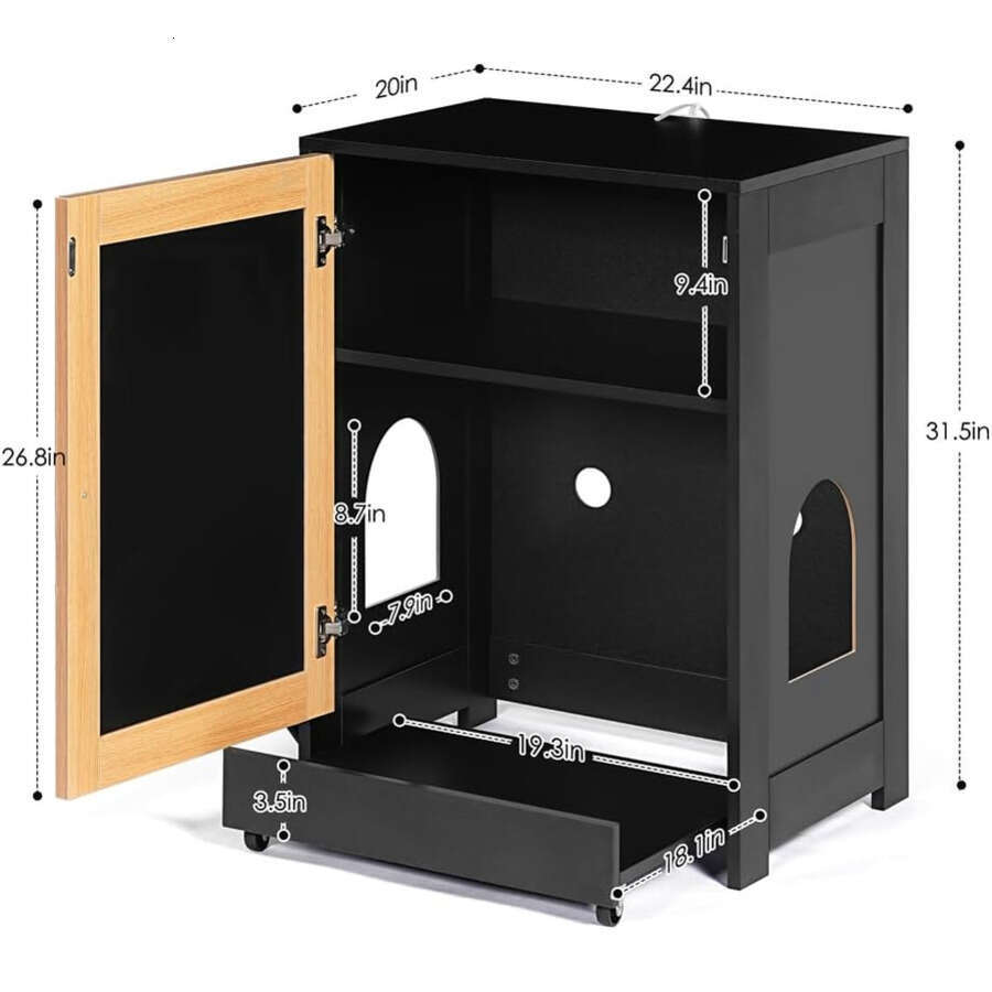 Furniture Corner Enclosure Kitty End Table With Scratching Board Door And Pull-Out Box Board, Litter Cabinet Hidden Cat Washroom Black