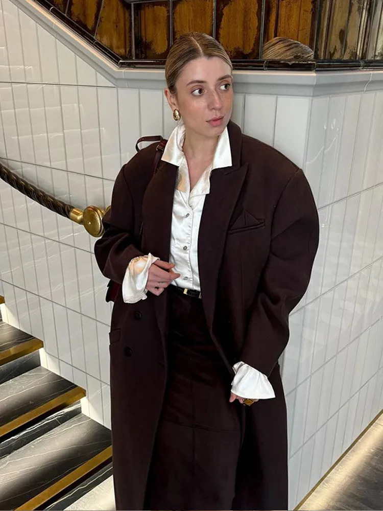 Winter Brown Wool Blends Long Coat Women Elegant Sleeve Double Breasted Pockets Jacket Lady Lapel Casual Office Outwear 241129