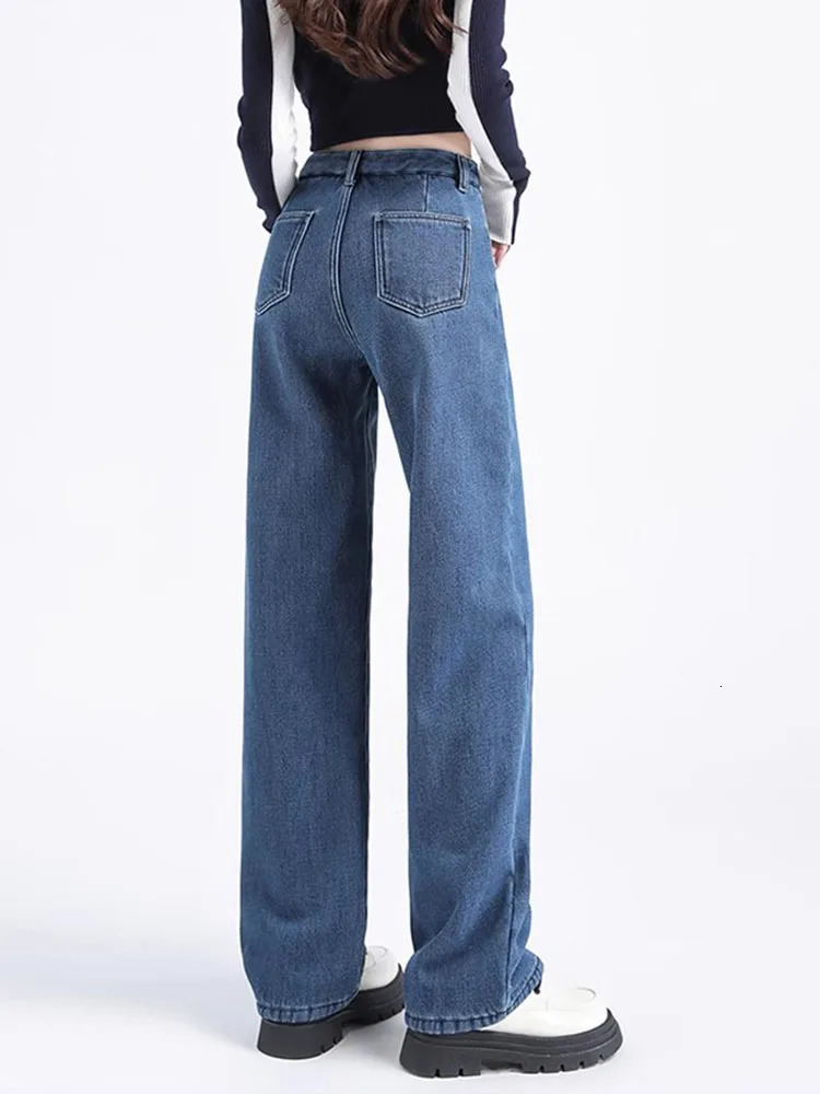 Winter wool lined pocket straight jeans womens warm plush velvet casual denim pants Korean streetwear thick wide leg Vaqueros 241122
