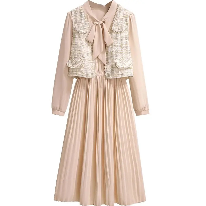 Xiaoxiangfeng Spring Autumn Outfits Early 2024 Elegant VNeck Pearl Vest French Style Bowknot Dress Two Piece Set 241129