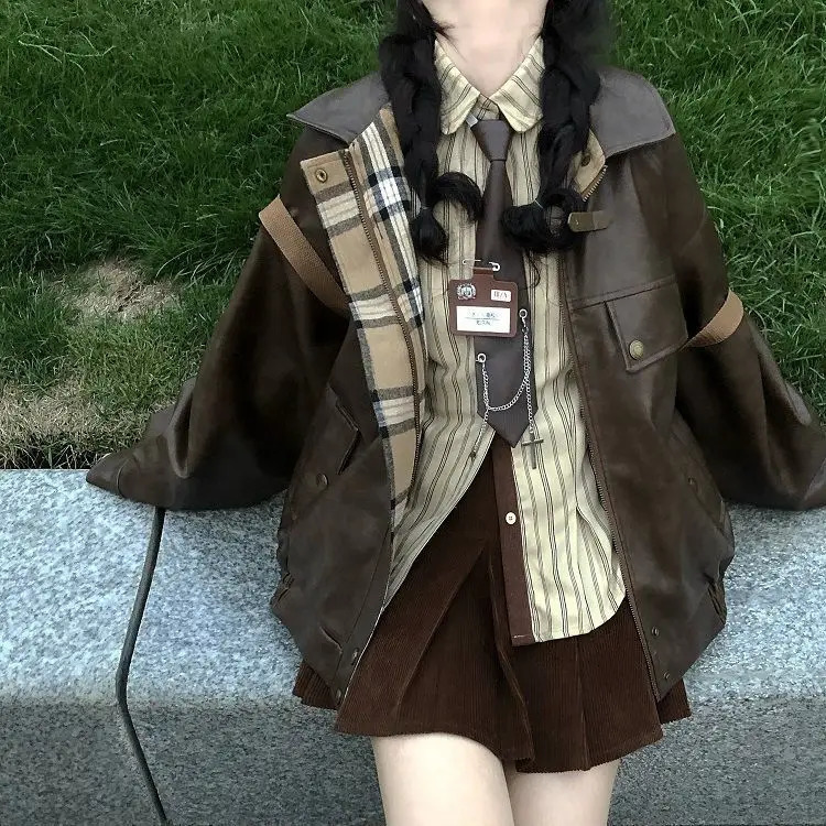 Korea Reversible Lattice Leather Jacket Women American Patchwork Loose Bomber Jackets Harajuku Vintage Zipper PU College Style 241129