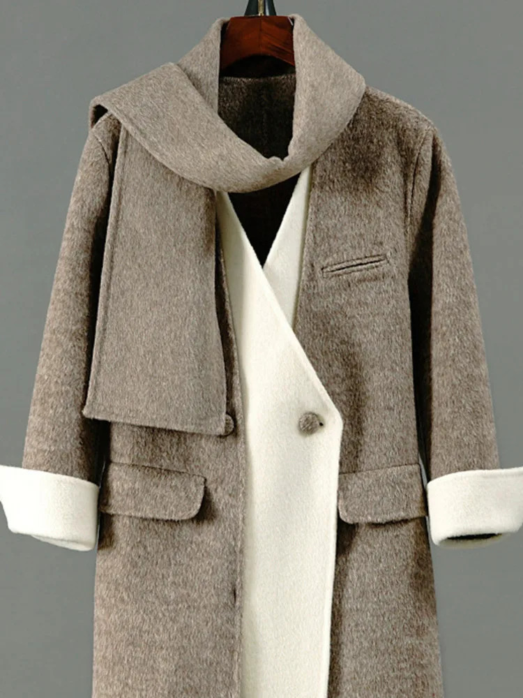 DFDG n sense temperament contrasting colors splicing cashmere woolen coat for womens 2024 autumn winter collection 241129