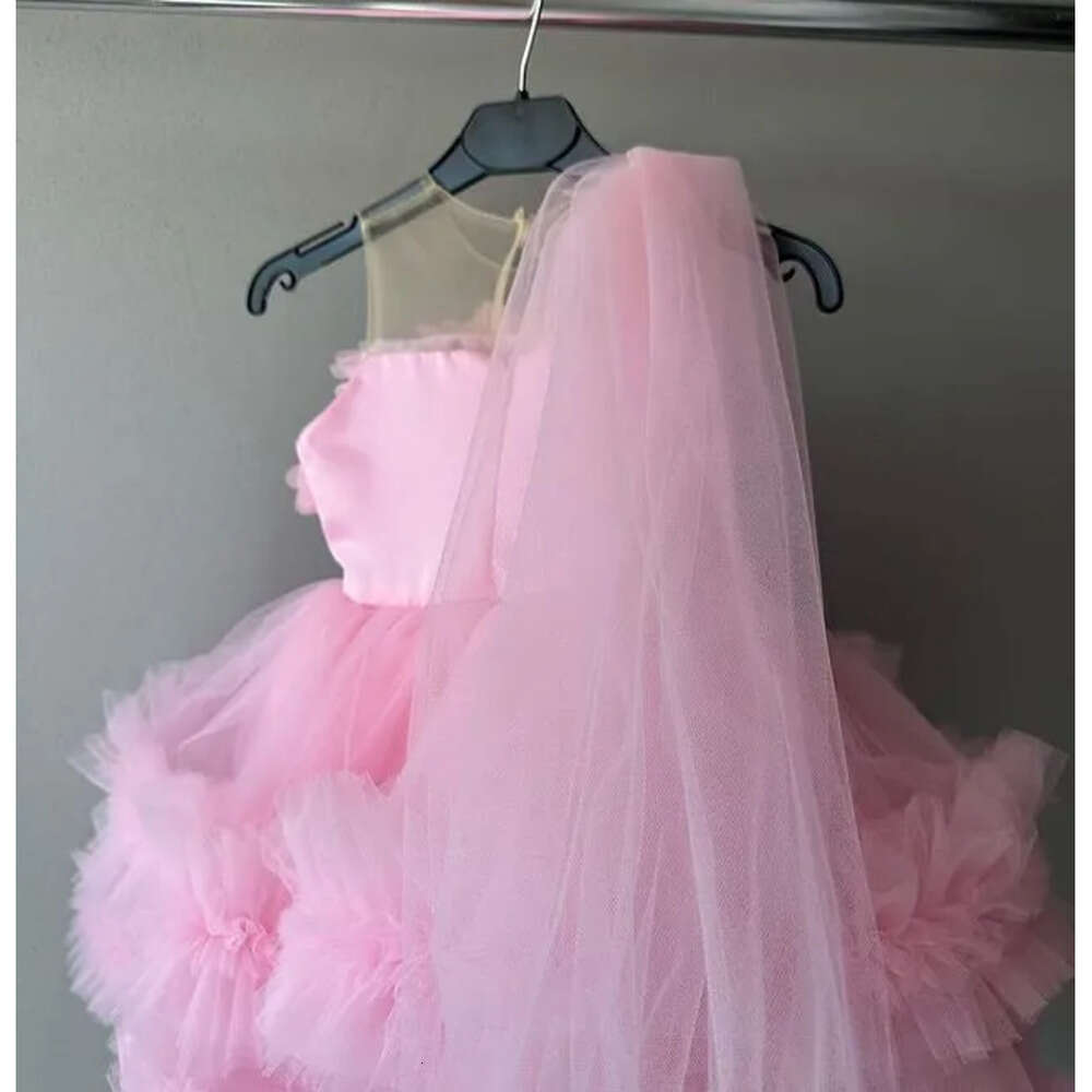 Neck Flower Sheer Dresses Pink Ball Gown Tulle Tiers Beaded Vintage Lit Tle Girl Peageant Dress Gowns Zj S