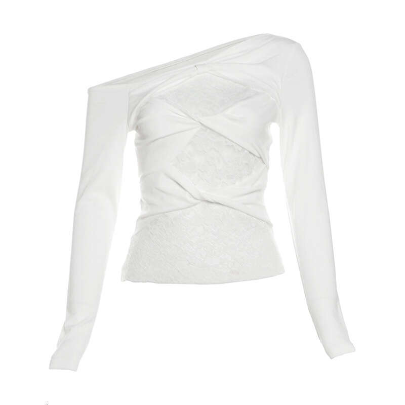 Wind 2024 Autumn New Women's Slant Collar Lace Hollow Simple Fashion Versatile Solid Color Top