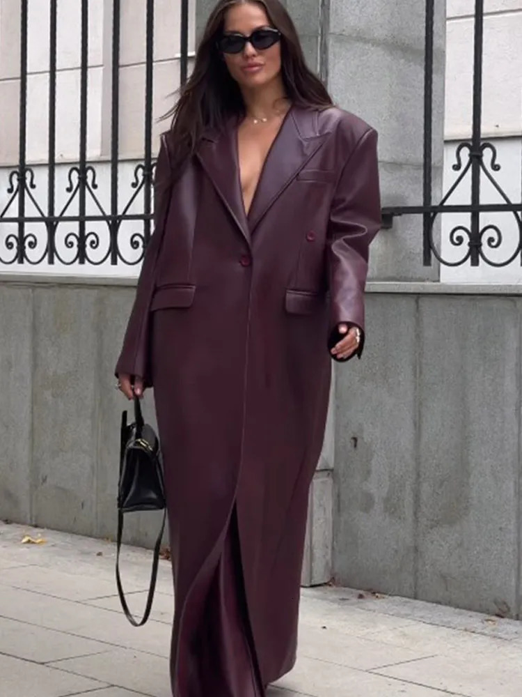 Elegant Burgundy One Button Leather Overcoats For Women Fashion Flip Pockets Loose Solid Jackets 2024 Lady Chic Street Outerwear 241129