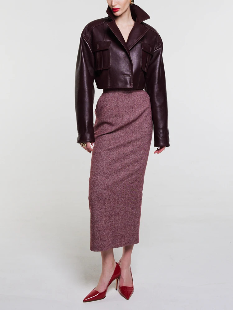 TWOTYLE Solid Patchwork Pockets Leather Chic Coats For Women Lapel Long Sleeve Spliced Button Short Jacket Female Fashion 241129