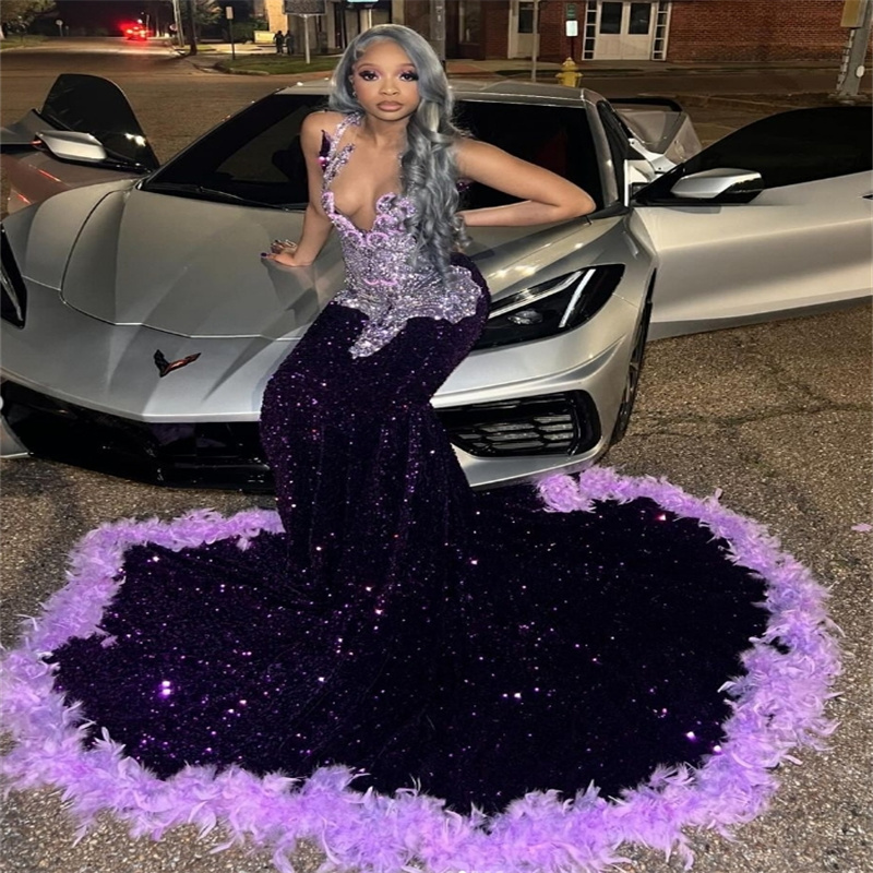 Luxury Dark Purple Prom Dresses For Black Girls Gorgeous Mermaid Sequin Feather Evening Gowns Diamond Crystal Formal Birthday Party Gowns Vestio De Ga