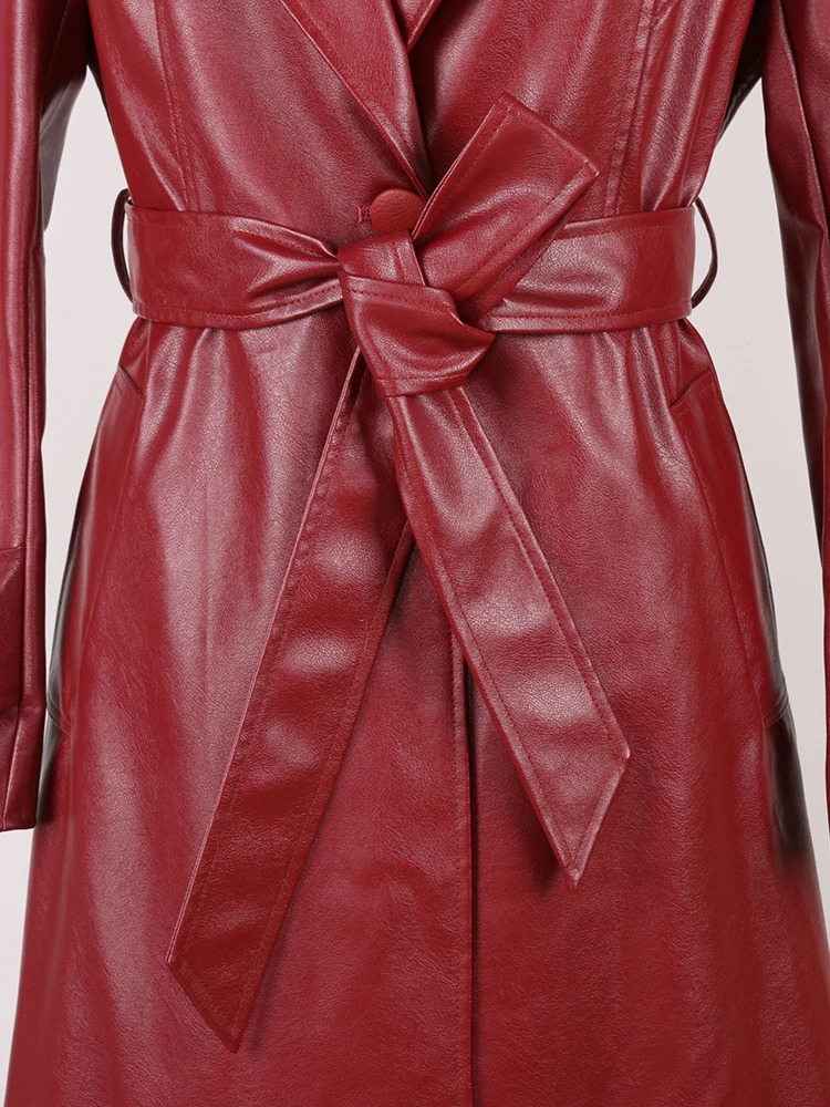Nerazzurri Spring Autumn Fitted Long Pu Leather Trench Coat for Women Sashes Single Breasted Elegant Chic Clothes 2024 241129