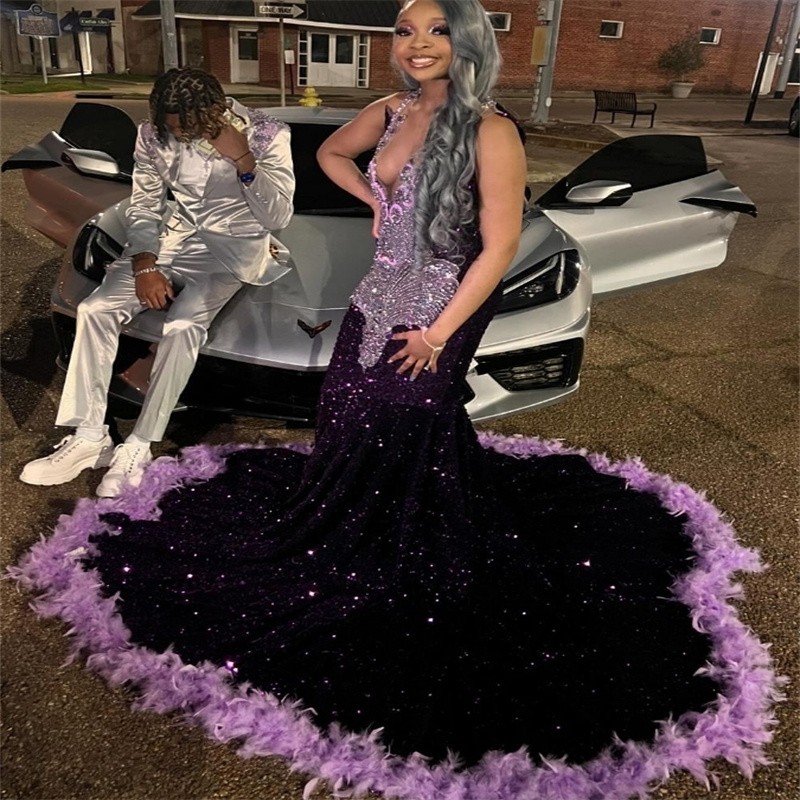 Luxury Dark Purple Prom Dresses For Black Girls Gorgeous Mermaid Sequin Feather Evening Gowns Diamond Crystal Formal Birthday Party Gowns Vestio De Ga