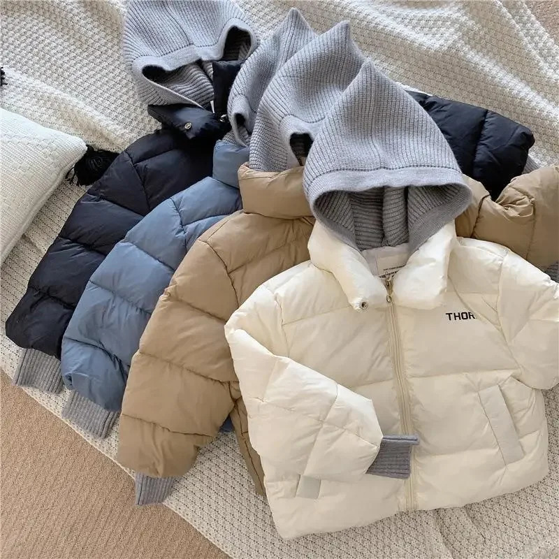 2023 Winter Baby Toddler Boy Korean Style Knitted Patchwork Hooded Jacket Coat Thicken Outdoor Wear 27YEARS 241126