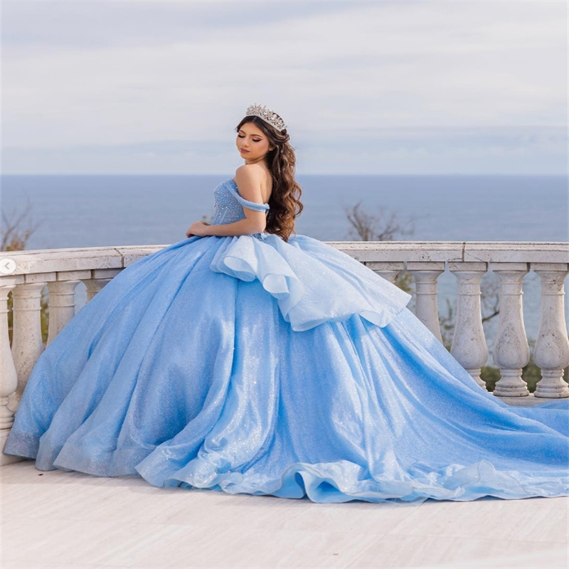 Amazing Blue Quinceanera Dresses Plus Size Off Shoulders Beaded Vestidos 15 Anos Quinceanera Shine Pageant Birthday Party Gowns Elegant Vestio De Fies