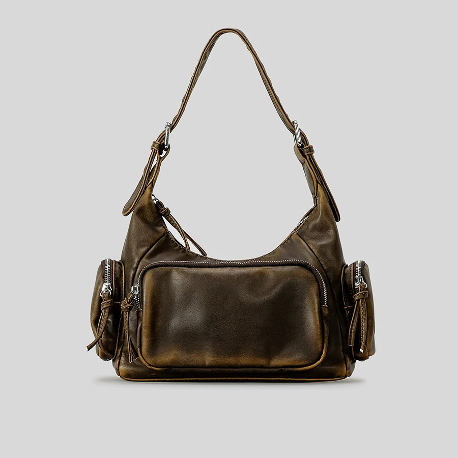 Retro Y2K lingerie bag er womens handbag soft Pu leather homeless shoulder cross body bag retro punk motorcycle bag 241126