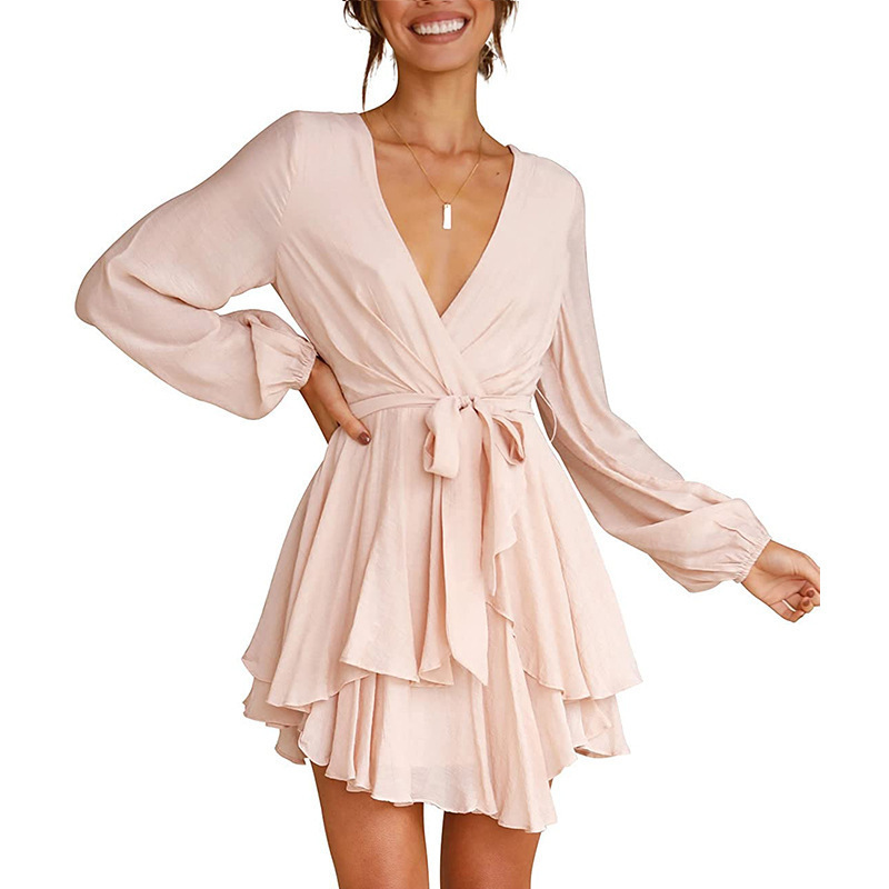 dress summer dresses for women Luxury fashion casual dresses women Deep V-neck long-sleeved dress with tie at waist and pleated mini skirt skater skir