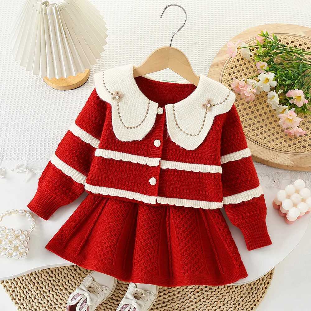 Clothing Sets Girls Knitted Clothing Set Spring and Autumn Childrens Wool Jersey Sweater Coats Short Skirt Party Dress Baby Clothing Childrens 6Y Y241
