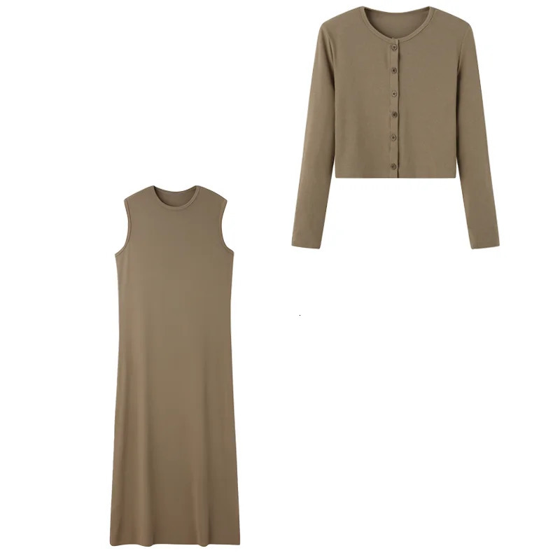 Autumn Women Long Sleeve Cardigan Suit Dress 2024 Solid Color Singlebreasted Top Sleeveless Set Female Casual Outwear 241129