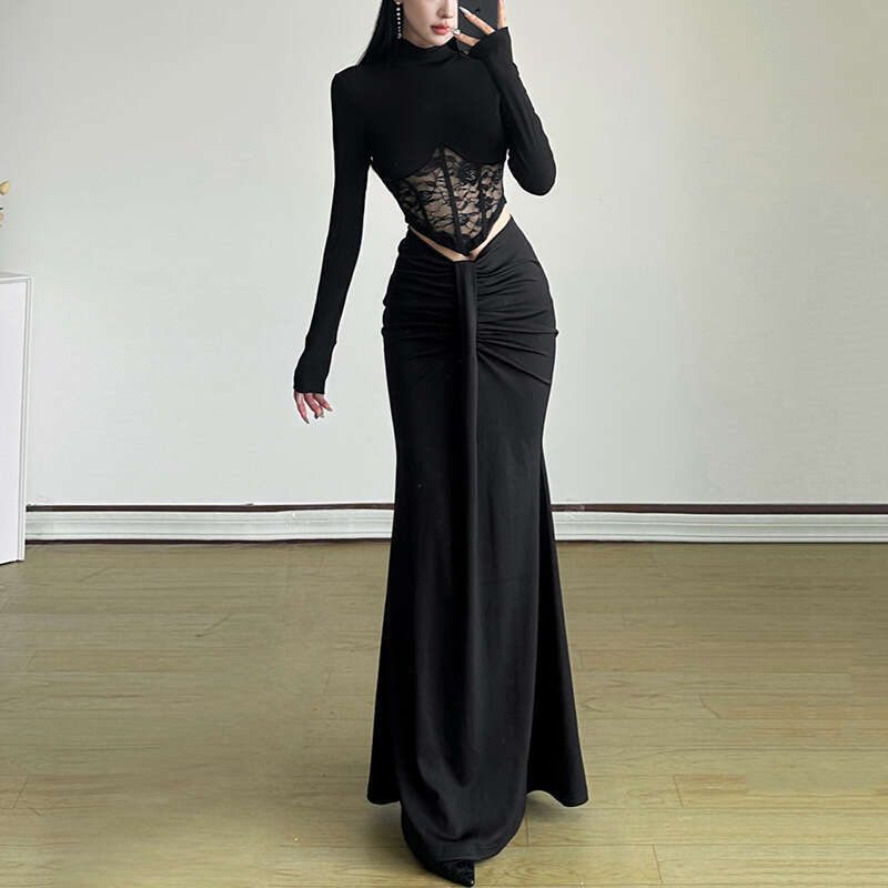 Wind 2024 Autumn New Women's High Collar Lace Hollow Top Slim Fit Hip Wrapping Half body Long Dress
