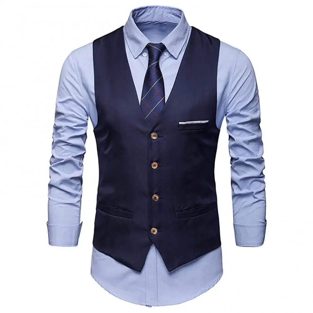 Men Suit Vest Formal Solid Color Single Breasted Business Waistcoat Multi Pockets Male Tops Mens Clothing For Party 241129