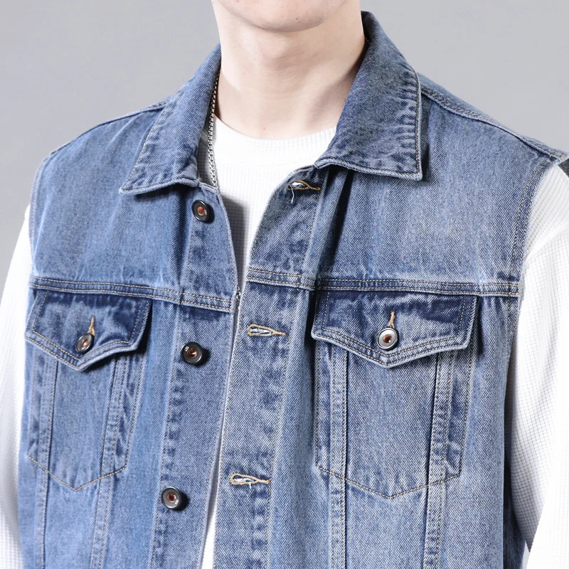 Autumn Denim Vest Mens Blue Sleeveless Jacket Retro Street Clothing Fashion Loose Motorcycle Pocket Coat 241129