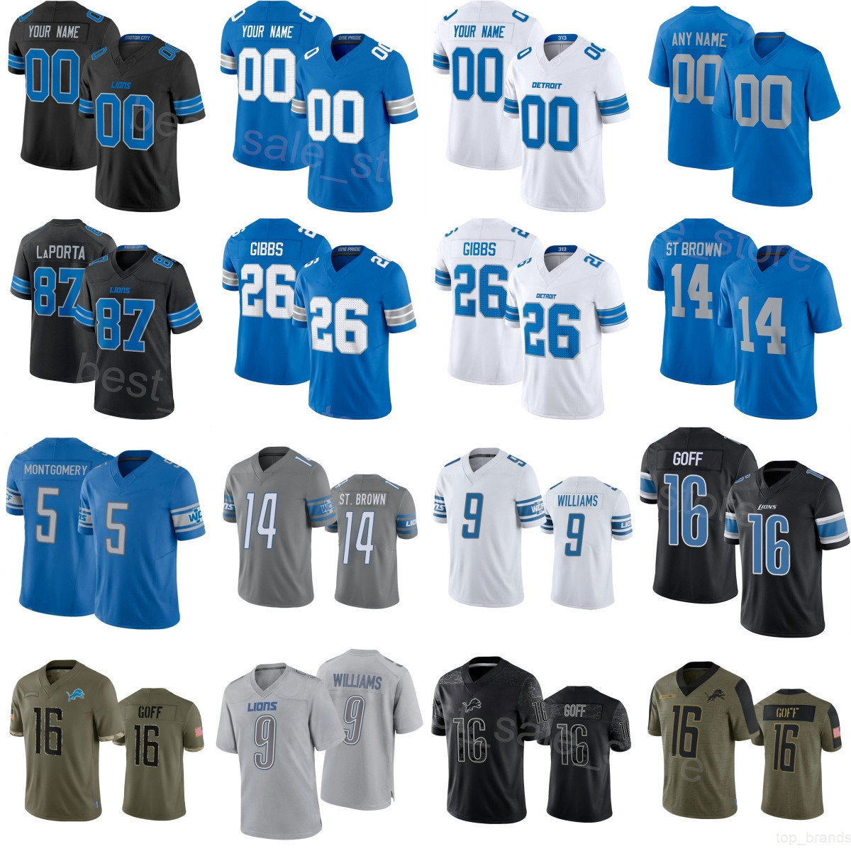 Custom Lions Football Jersey 5 David Montgomery 16 Jared Goff 26 Jahmyr Gibbs 9 Jameson Williams 14 Amon-Ra St. Brown 87 Sam LaPorta 21 Amik Robertson Youth Women Men