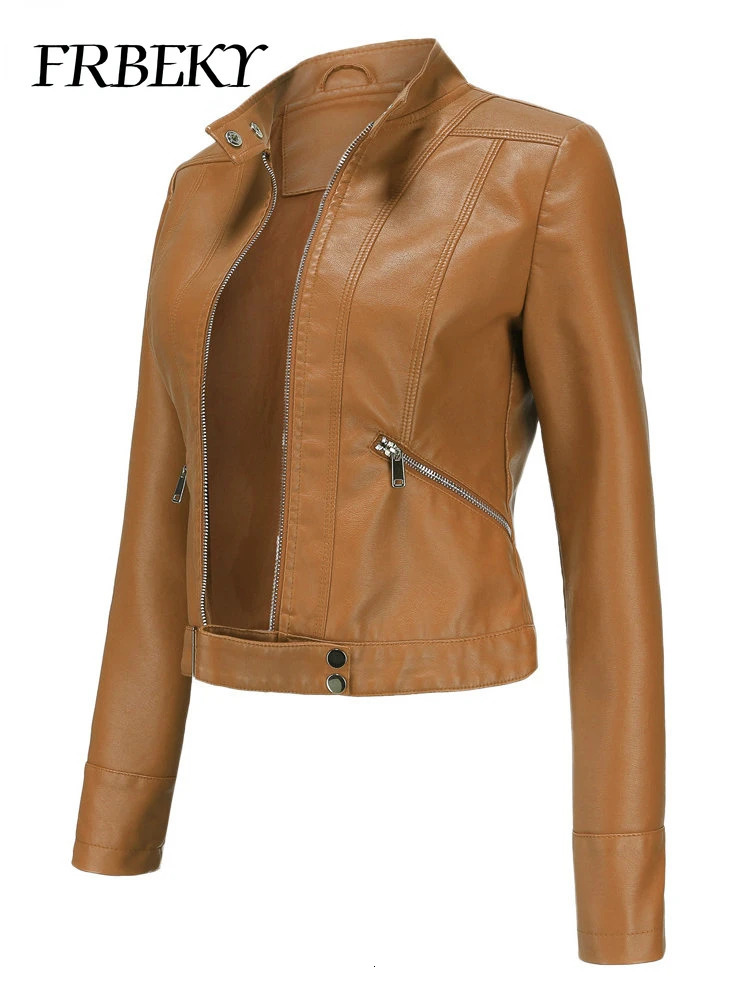 Women Jacket Autumn Leather Short Standing Collar Zipper Thin Section of Womens Coat Motorcycle 241129