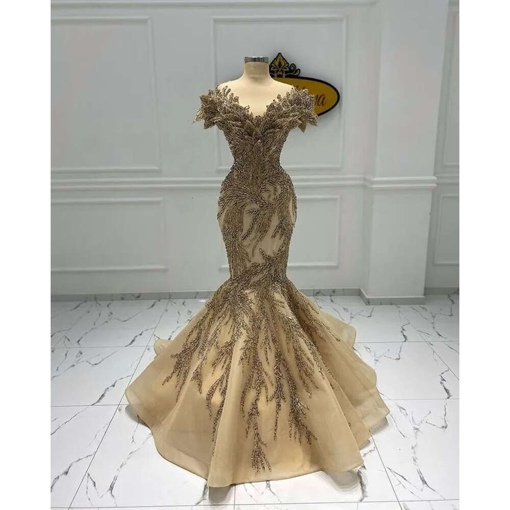 Arabic Ebi Size Plus Aso Mermaid Urious Gold Prom Dresses Beaded Stylish Evening Formal Party Second Reception Gowns Dress Zj