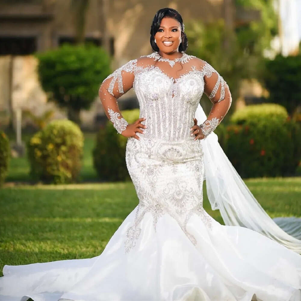 Ebi Plus Arabic Aso Size White Mermaid Wedding Dress Beaded Crystals Sequined Lace Bridal Gowns Dresses Zj Es
