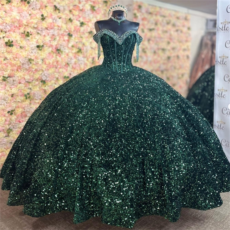 Shiny Green Sequin Quinceanera Dresses Charro Off Shoulders Tassle Beaded Vestidos 15 Anos Quinceanera Shine Pageant Birthday Party Gowns Tassel Elega