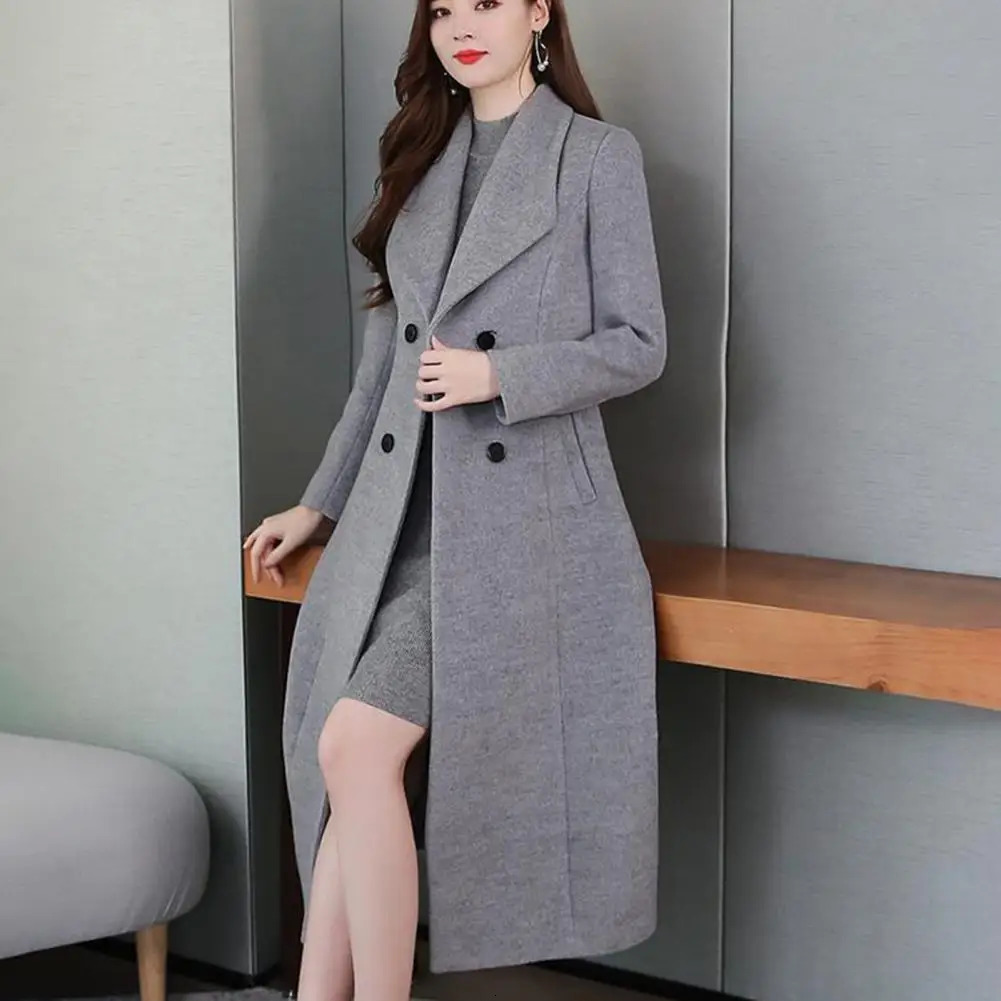 British Style Women Woolen Coat Elagant Suit Collar Double Breasted Waist Tight Long Cardigan MidCalf Length 241129