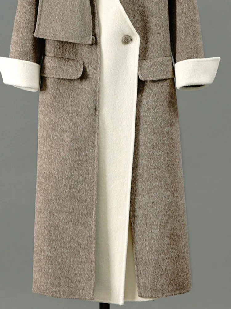 DFDG n sense temperament contrasting colors splicing cashmere woolen coat for womens 2024 autumn winter collection 241129