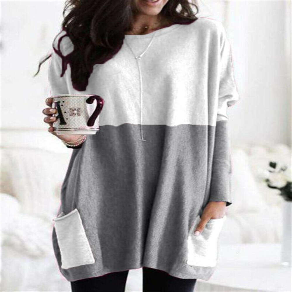 European And American Women's Autumn Round Neck Long Sleeved Patchwork Casual Pocket T-Shirt Top Trendy Clothing Fashion Temperament B4