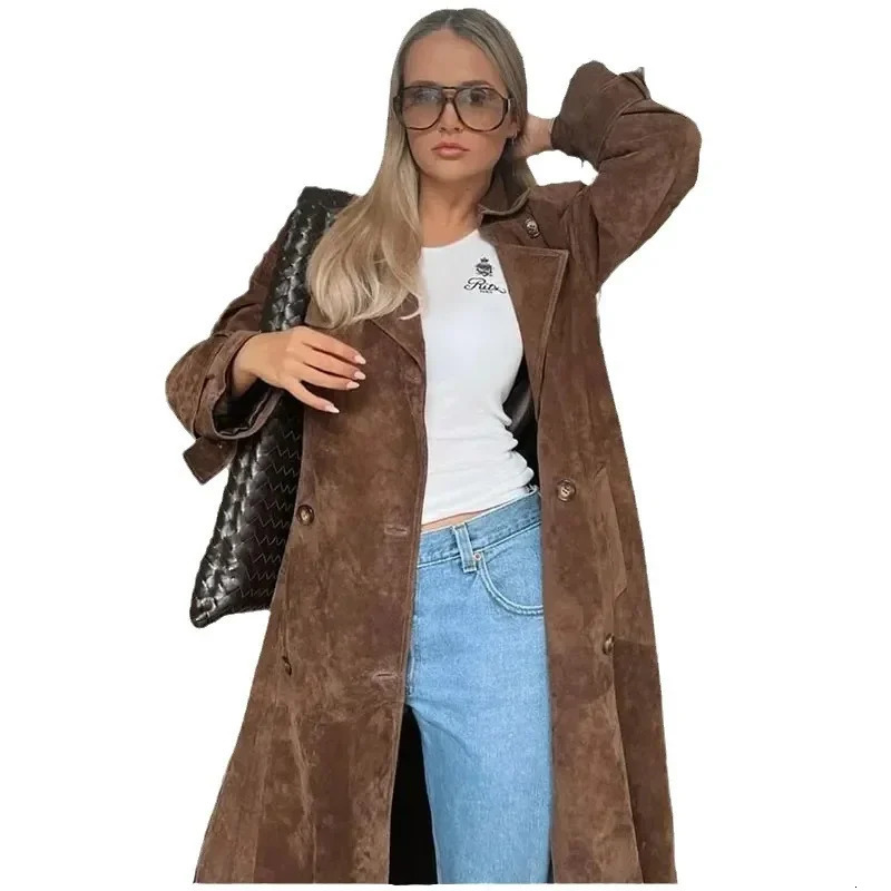 Europe and America Womens Autumn Fashion Solid Color Lapel Long Coat Temperament Elegant Double Breasted Loose with Belt 241129