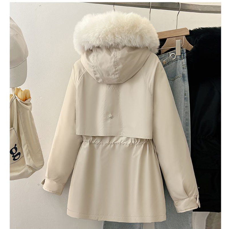 Winter Cotton Padded Hood Jacket For Thick Veet Hooded Mid Length Snow Parka Warm Big Fur Collar Outerwear Women