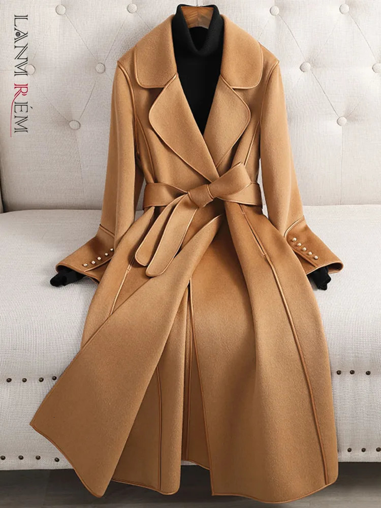 LANMREM Long Double Sided Wool Coat Lapel Solid Color Belt Winter Elegant Style Streetwear High End Clothing 2DA1960 241129