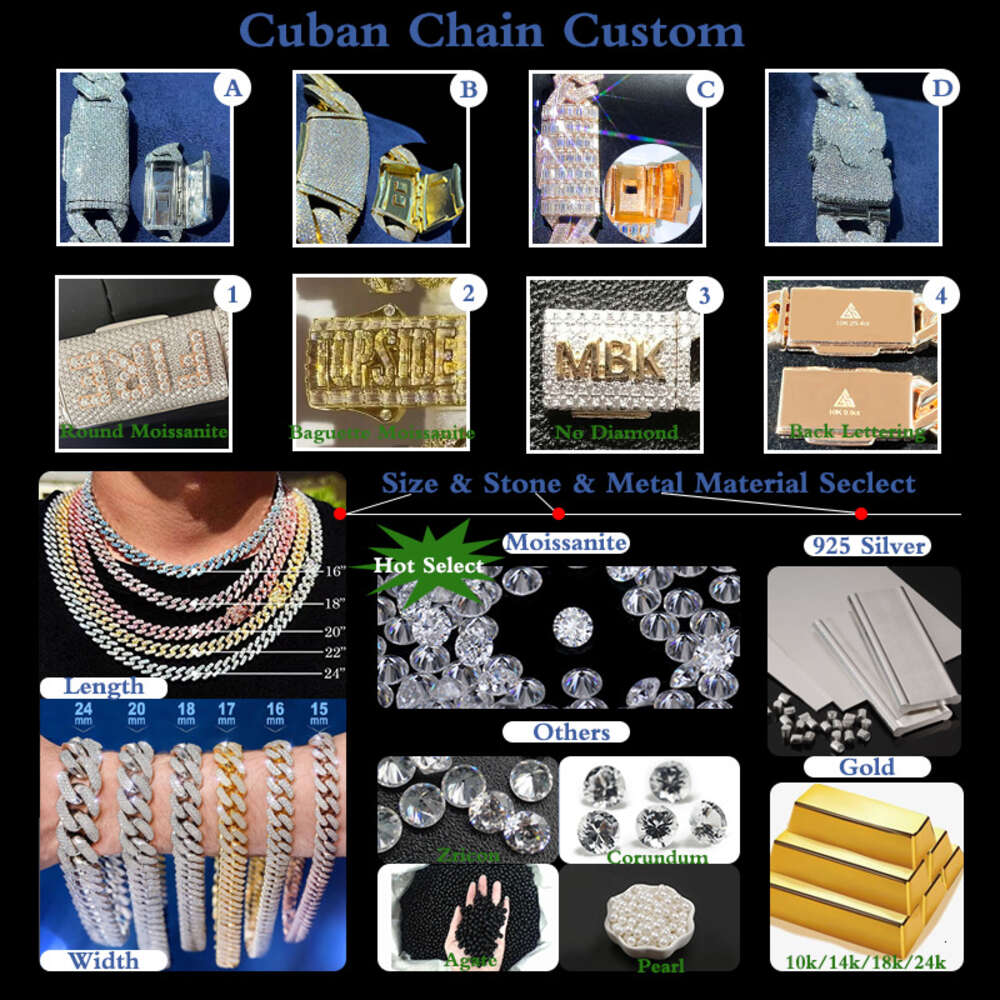 2024 Fine Jewelry Hiphop S925 Vvs Moissanite Bracelet 15mm Eye Figure of Eight Iced Out Cuban Link Chain Blue Sapphire Necklace